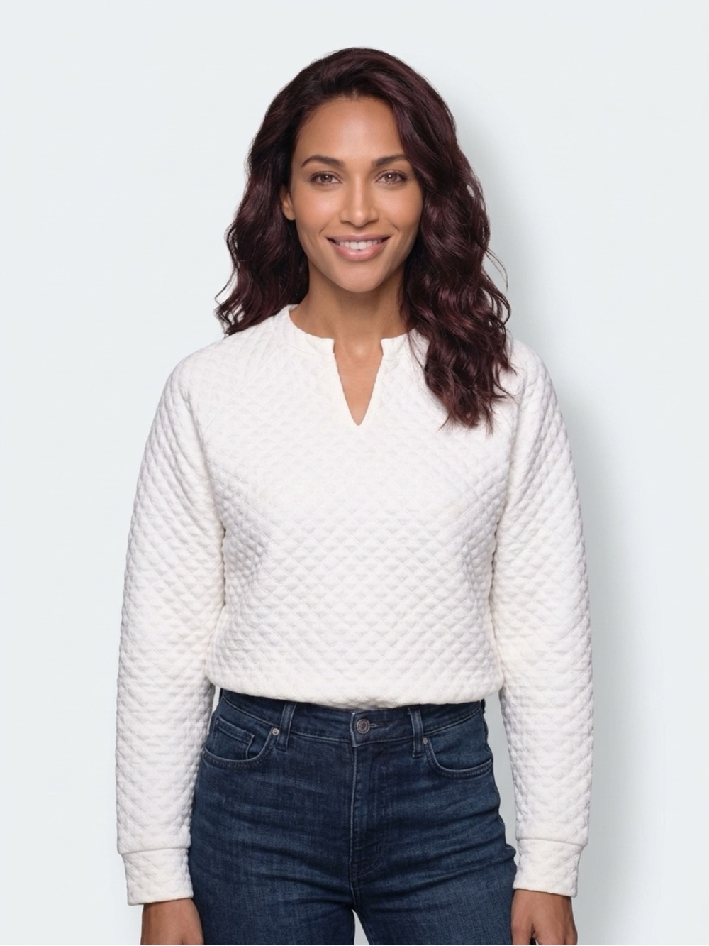 Amazon White Quilted V-Notch Crewneck Sweater